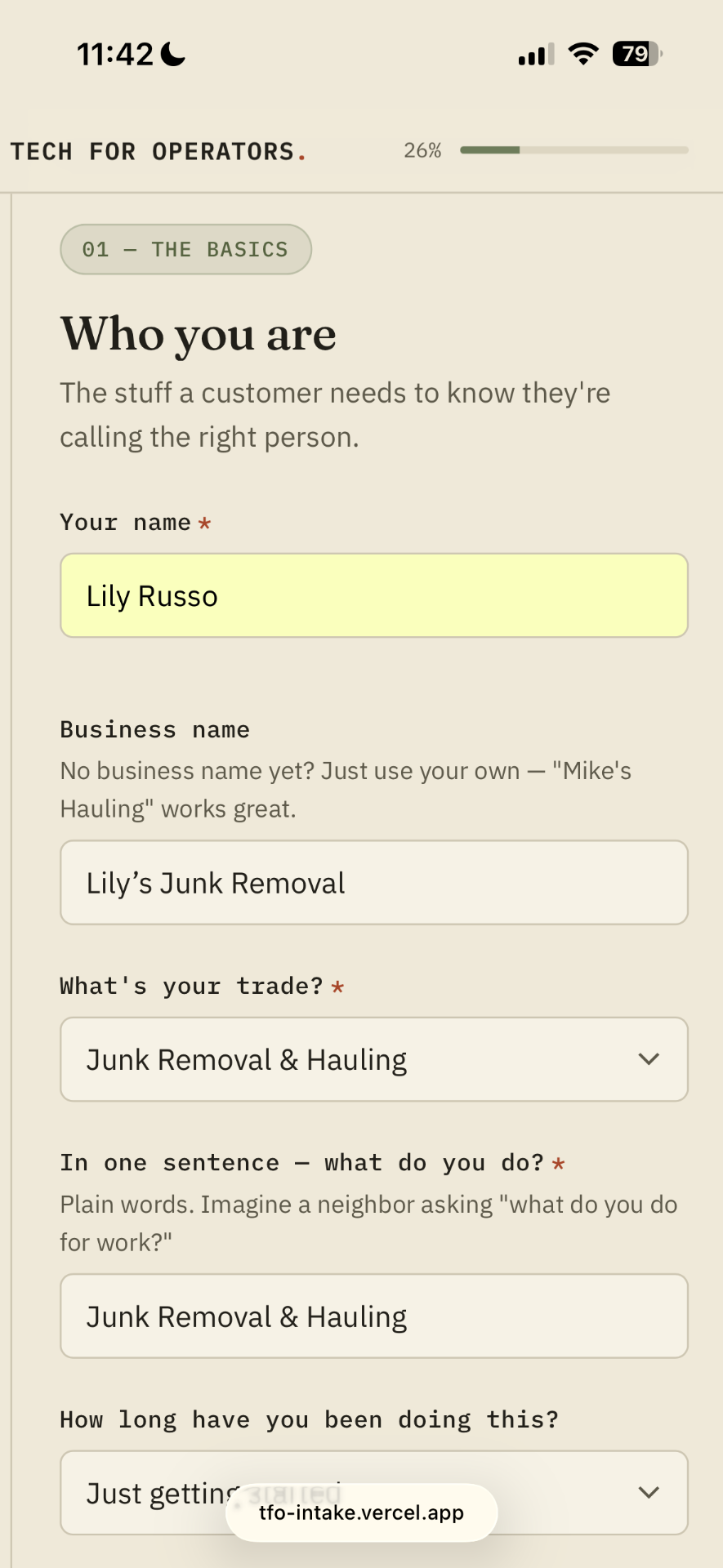 Tech for Operators intake form on iPhone, asking who you are and what you do.