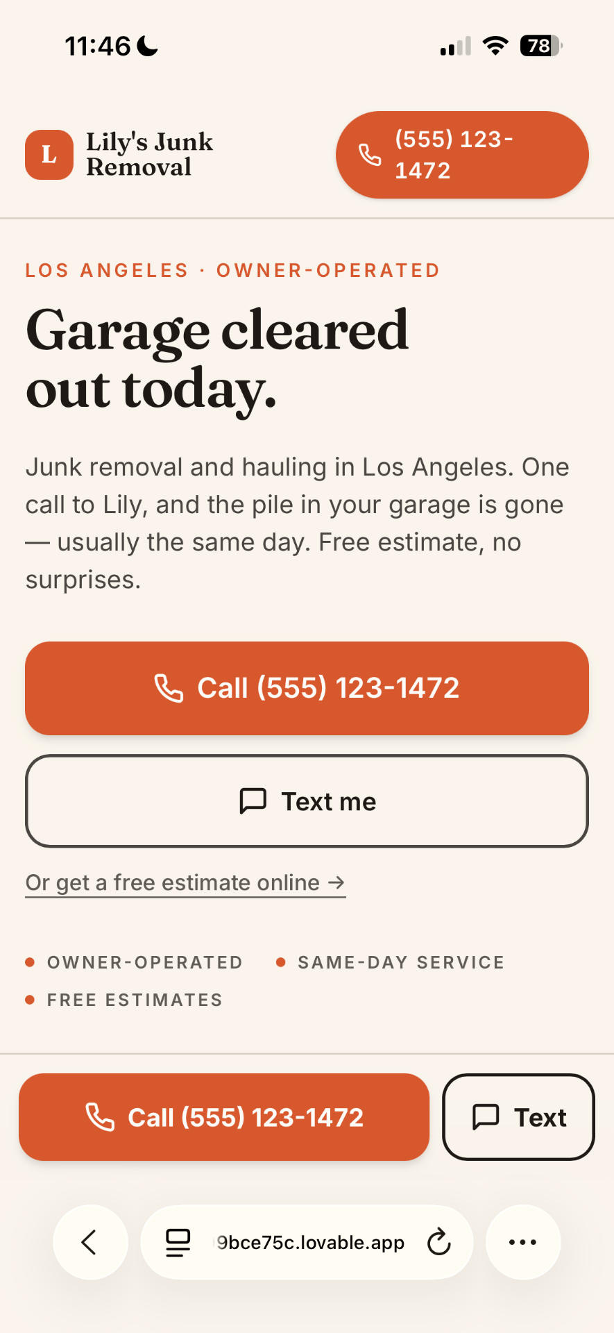 Live website preview for Lily's Junk Removal with call and text buttons.