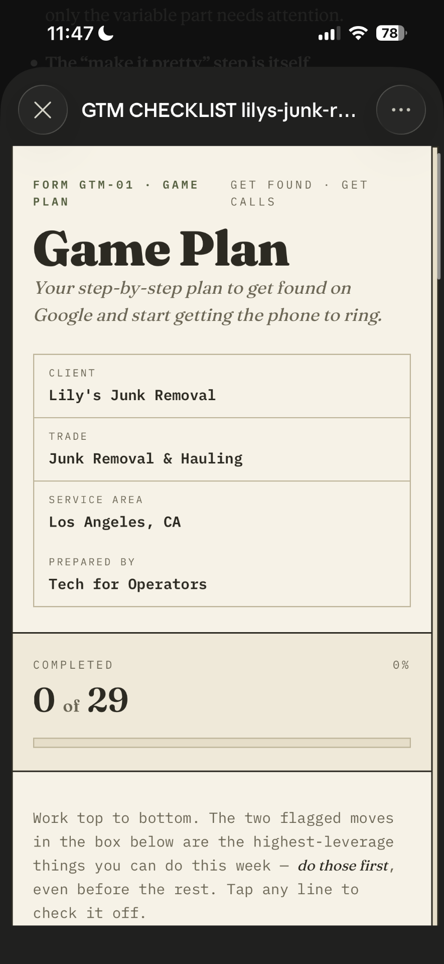 Game Plan checklist on iPhone — step-by-step plan to get found on Google.